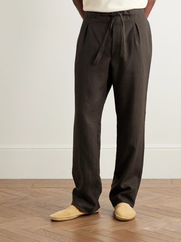 Straight-Leg Pleated Linen Drawstring Trousers - FR Straight-Leg Pleated Linen Drawstring Trousers - FR