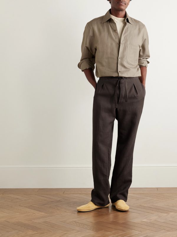 Straight-Leg Pleated Linen Drawstring Trousers - OU Straight-Leg Pleated Linen Drawstring Trousers - OU