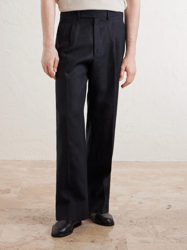 Wide-Leg Pleated Linen Trousers - FR