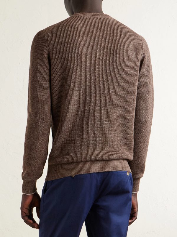 Ribbed Linen and Cotton-Blend Henley Sweater - BK Ribbed Linen and Cotton-Blend Henley Sweater - BK