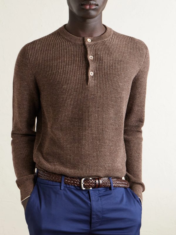 Ribbed Linen and Cotton-Blend Henley Sweater - FR Ribbed Linen and Cotton-Blend Henley Sweater - FR