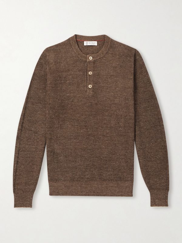 Ribbed Linen and Cotton-Blend Henley Sweater Ribbed Linen and Cotton-Blend Henley Sweater