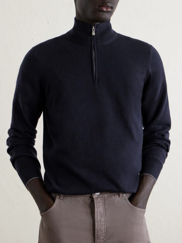 Contrast-Tipped Cashmere Half-Zip Sweater - FR Contrast-Tipped Cashmere Half-Zip Sweater - FR