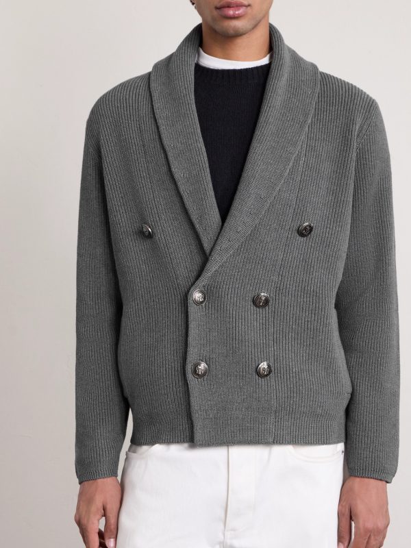 Shawl-Collar Double-Breasted Ribbed Cotton Cardigan - FR Shawl-Collar Double-Breasted Ribbed Cotton Cardigan - FR