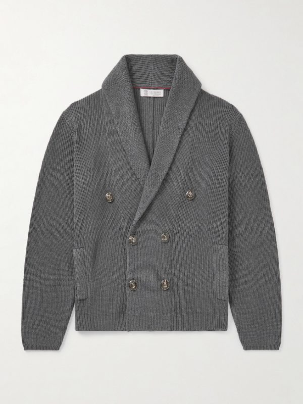 Shawl-Collar Double-Breasted Ribbed Cotton Cardigan Shawl-Collar Double-Breasted Ribbed Cotton Cardigan
