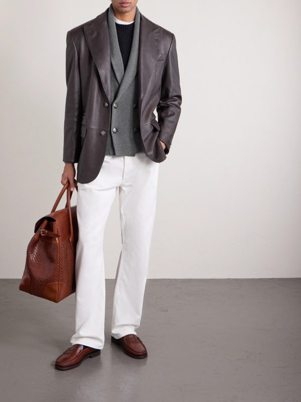 Shawl-Collar Double-Breasted Ribbed Cotton Cardigan - OU Shawl-Collar Double-Breasted Ribbed Cotton Cardigan - OU