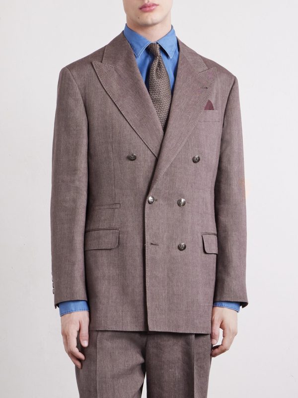 Double-Breasted Herringbone Linen and Virgin Wool-Blend Suit Jacket - FR