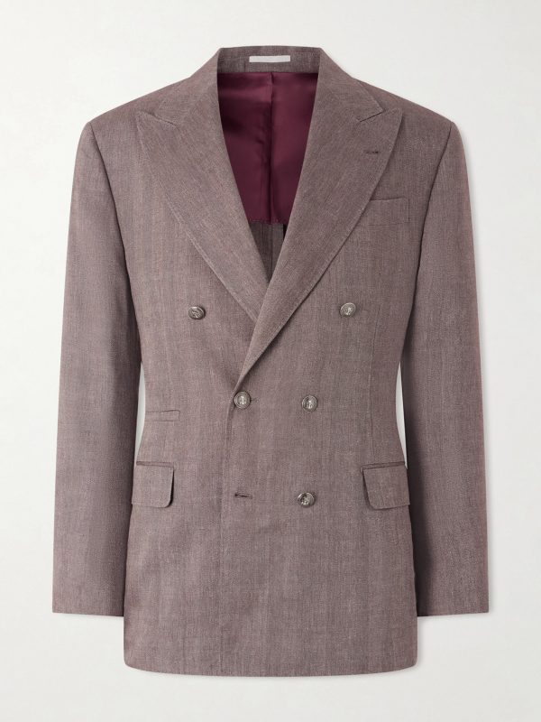 Double-Breasted Herringbone Linen and Virgin Wool-Blend Suit Jacket