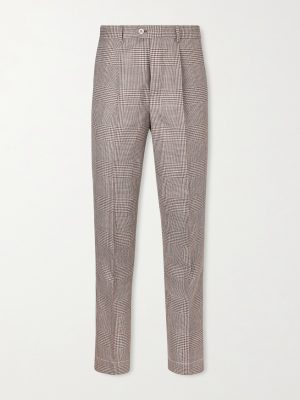 Straight-Leg Pleated Prince of Wales Checked Wool, Silk and Linen-Blend Trousers