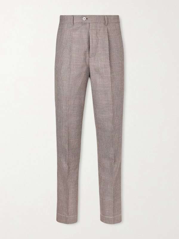 Straight-Leg Pleated Prince of Wales Checked Wool, Silk and Linen-Blend Trousers Straight-Leg Pleated Prince of Wales Checked Wool, Silk and Linen-Blend Trousers