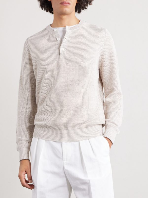 Ribbed Linen and Cotton-Blend Henley Shirt - FR Ribbed Linen and Cotton-Blend Henley Shirt - FR