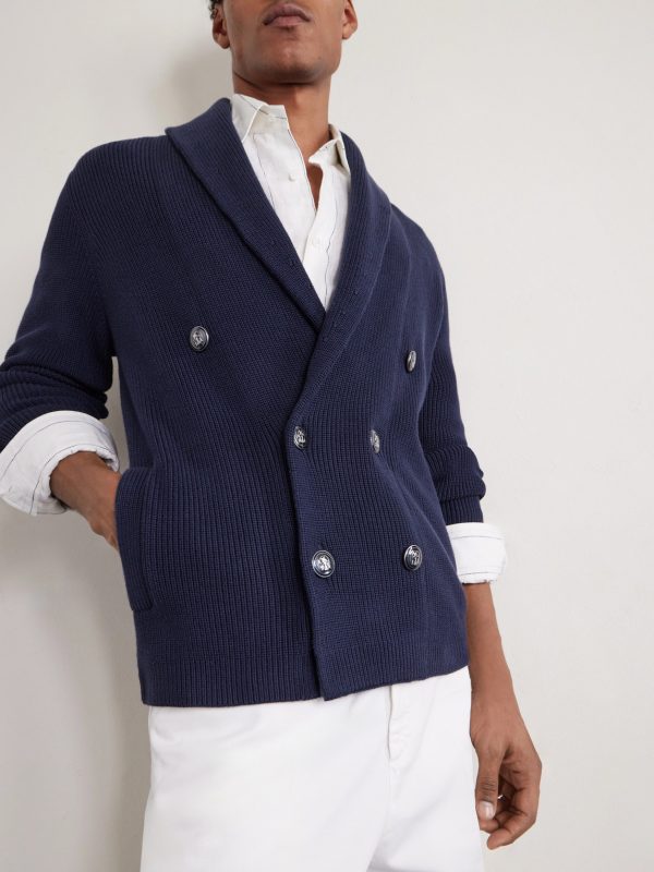 Shawl-Collar Double-Breasted Ribbed Cotton Cardigan - CU Shawl-Collar Double-Breasted Ribbed Cotton Cardigan - CU