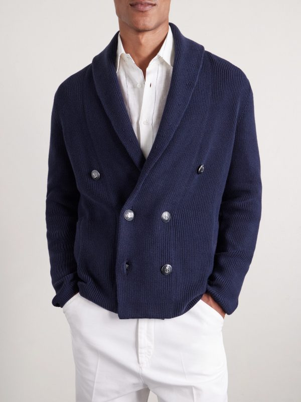 Shawl-Collar Double-Breasted Ribbed Cotton Cardigan - FR Shawl-Collar Double-Breasted Ribbed Cotton Cardigan - FR