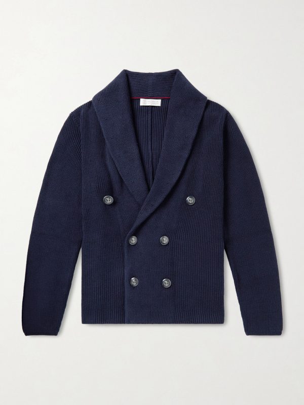 Shawl-Collar Double-Breasted Ribbed Cotton Cardigan Shawl-Collar Double-Breasted Ribbed Cotton Cardigan
