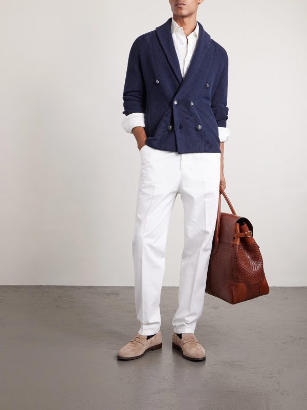 Shawl-Collar Double-Breasted Ribbed Cotton Cardigan - OU Shawl-Collar Double-Breasted Ribbed Cotton Cardigan - OU