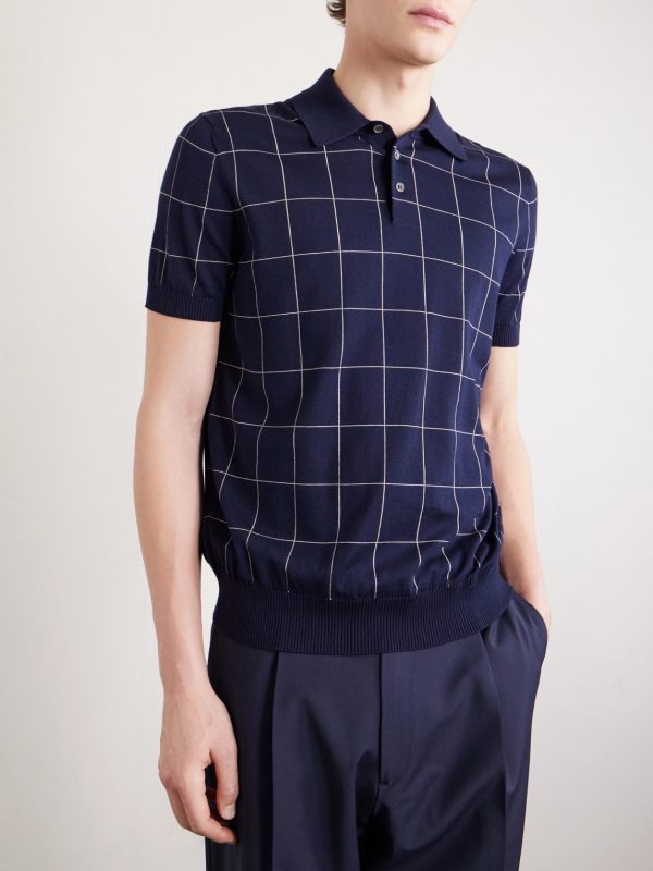 Checked Cotton and Mulberry Silk-Blend Jacquard Polo Shirt - FR Checked Cotton and Mulberry Silk-Blend Jacquard Polo Shirt - FR