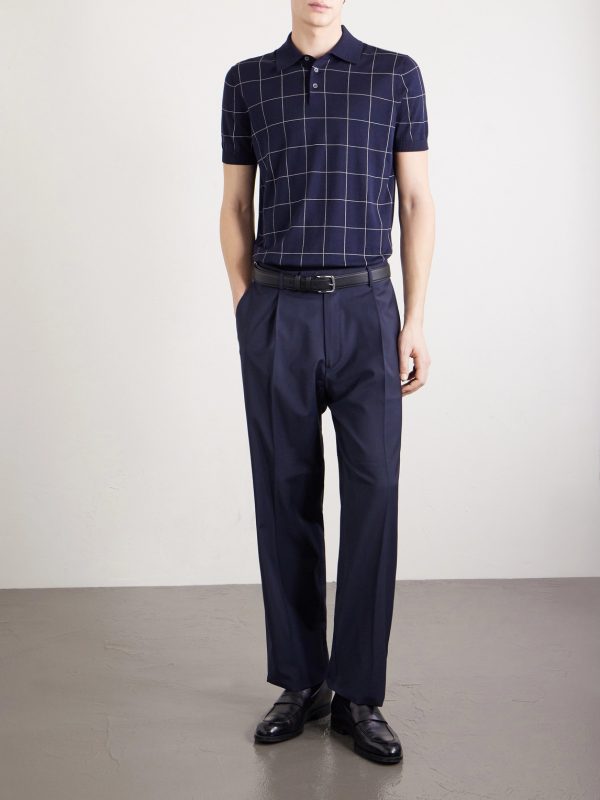 Checked Cotton and Mulberry Silk-Blend Jacquard Polo Shirt - OU Checked Cotton and Mulberry Silk-Blend Jacquard Polo Shirt - OU