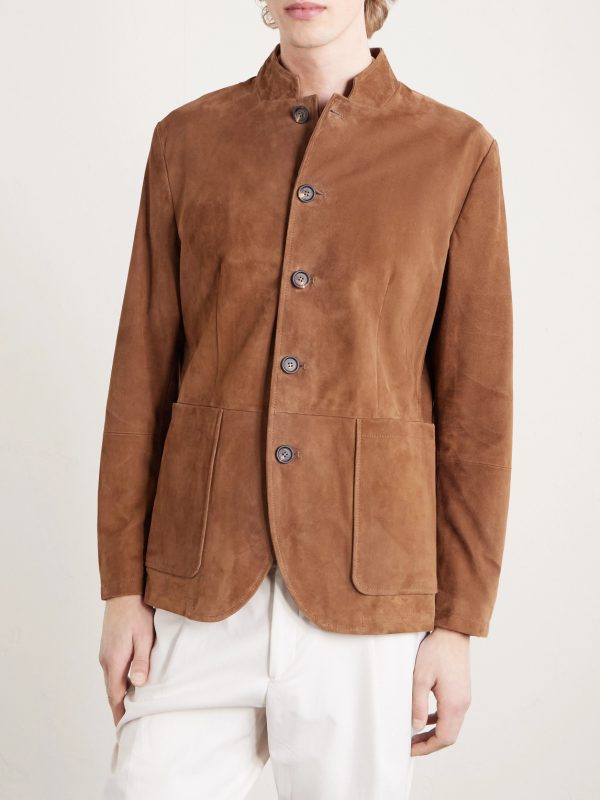Slim-Fit Mandarin Collar Suede Jacket - FR