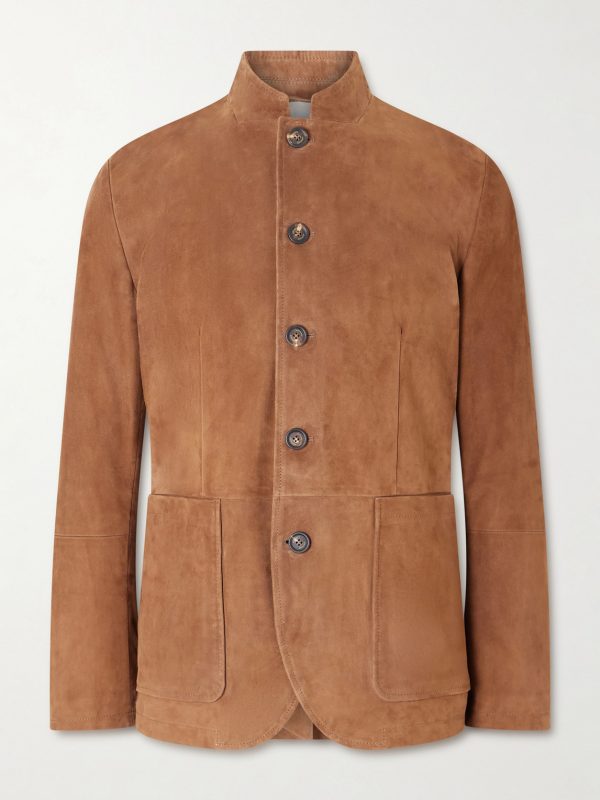 Slim-Fit Mandarin Collar Suede Jacket