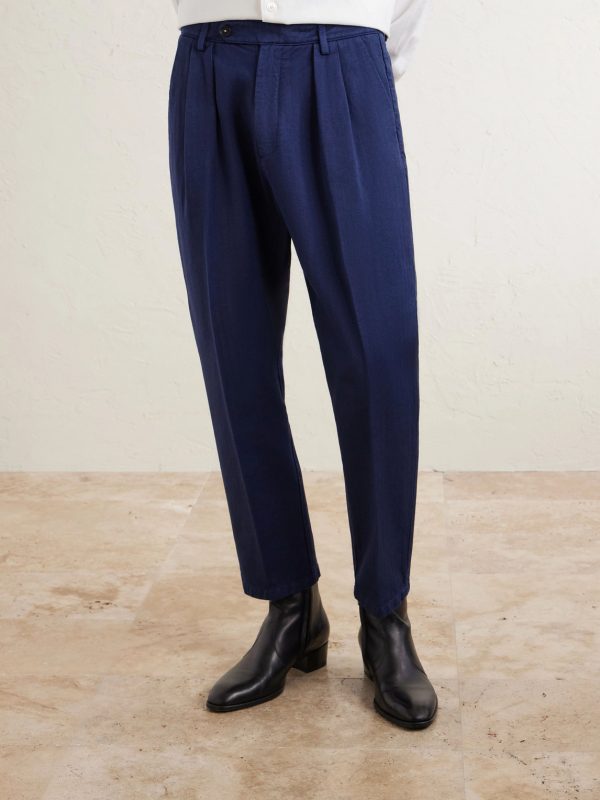 Stan Tapered Pleated Herringbone Cotton Trousers - FR Stan Tapered Pleated Herringbone Cotton Trousers - FR