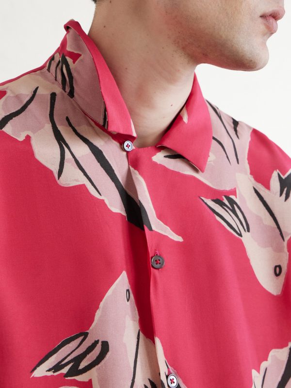 Camp-Collar Printed Satin Shirt - CU