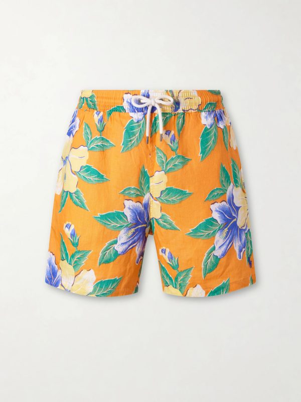 Straight-Leg Mid-Length Printed Linen Swim Shorts Straight-Leg Mid-Length Printed Linen Swim Shorts