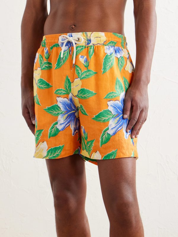 Straight-Leg Mid-Length Printed Linen Swim Shorts - OU Straight-Leg Mid-Length Printed Linen Swim Shorts - OU