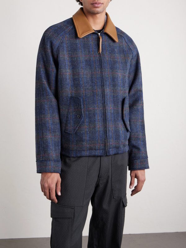 Dunbar Harris Leather-Trimmed Checked Wool Jacket - FR Dunbar Harris Leather-Trimmed Checked Wool Jacket - FR