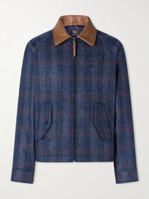 Dunbar Harris Leather-Trimmed Checked Wool Jacket