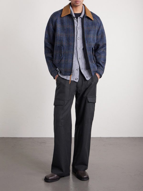 Dunbar Harris Leather-Trimmed Checked Wool Jacket - OU Dunbar Harris Leather-Trimmed Checked Wool Jacket - OU
