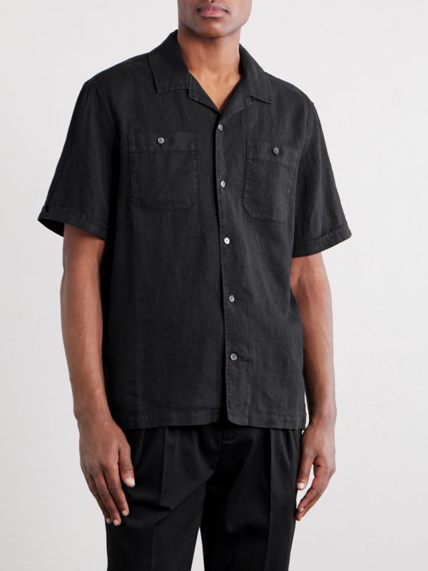 Convertible-Collar Garment-Dyed Linen Shirt - FR