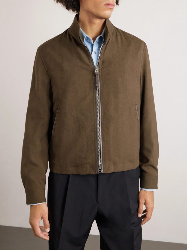 Leather-Trimmed Virgin Wool, Cashmere and Silk-Blend Canvas Jacket - FR Leather-Trimmed Virgin Wool, Cashmere and Silk-Blend Canvas Jacket - FR