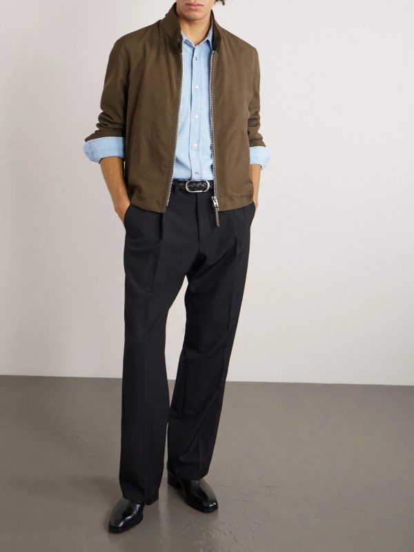 Leather-Trimmed Virgin Wool, Cashmere and Silk-Blend Canvas Jacket - OU Leather-Trimmed Virgin Wool, Cashmere and Silk-Blend Canvas Jacket - OU