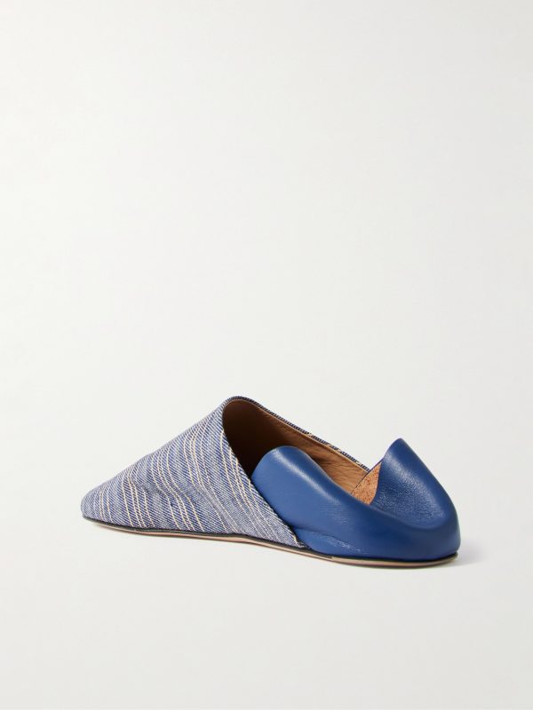 Babouche Collapsible-Heel Leather and Striped Linen Loafers - BK Babouche Collapsible-Heel Leather and Striped Linen Loafers - BK