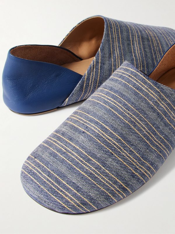 Babouche Collapsible-Heel Leather and Striped Linen Loafers - CU Babouche Collapsible-Heel Leather and Striped Linen Loafers - CU