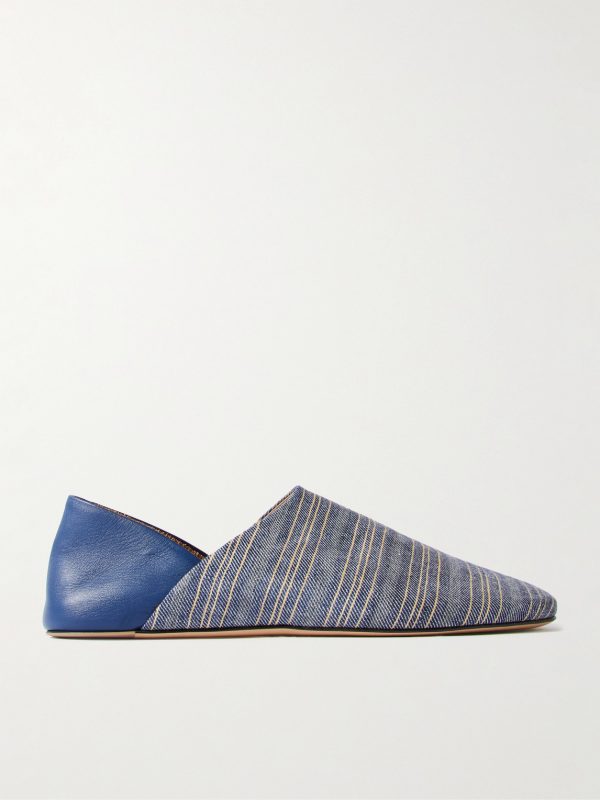 Babouche Collapsible-Heel Leather and Striped Linen Loafers Babouche Collapsible-Heel Leather and Striped Linen Loafers