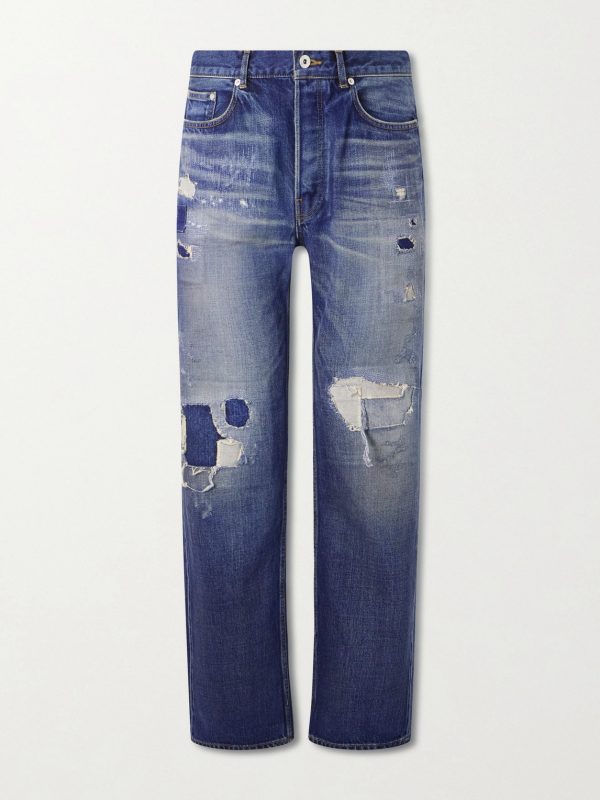 Straight-Leg Distressed Patchwork Jeans