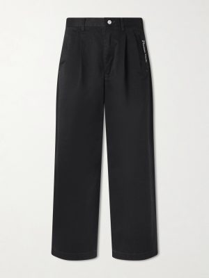 Wide-Leg Logo-Embroidered Pleated Cotton-Twill Chinos