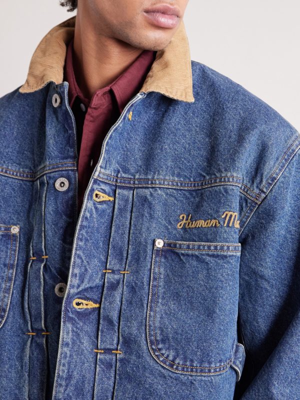 Corduroy-Trimmed Logo-Embroidered Denim Jacket - CU