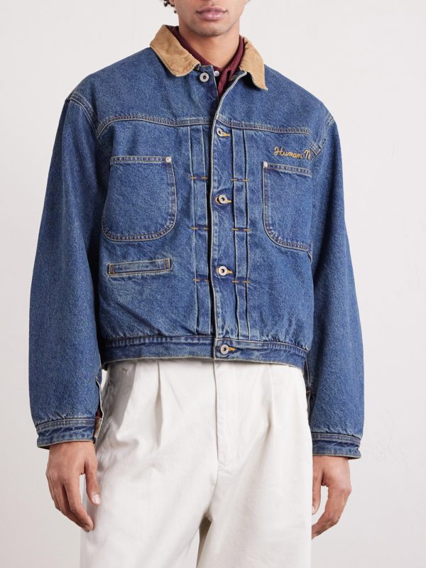 Corduroy-Trimmed Logo-Embroidered Denim Jacket - FR