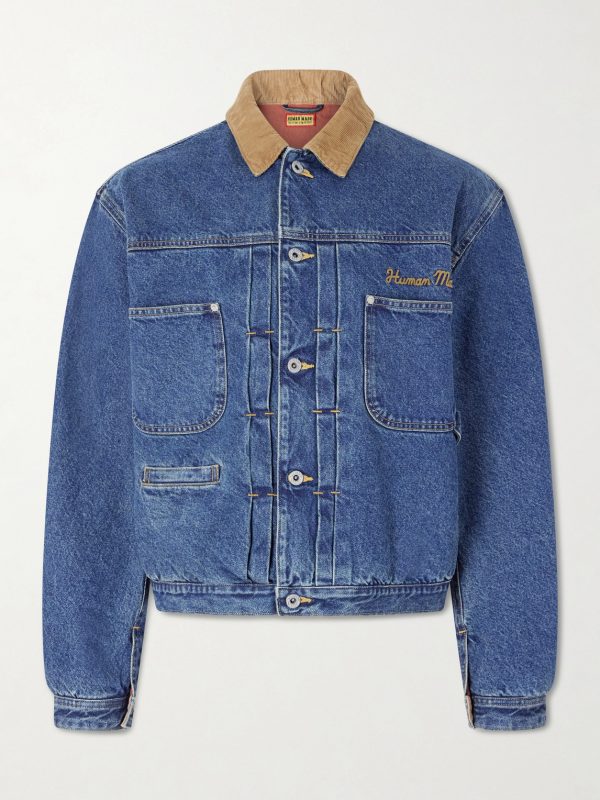 Corduroy-Trimmed Logo-Embroidered Denim Jacket