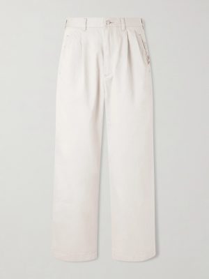 Wide-Leg Logo-Embroidered Pleated Cotton-Twill Chinos