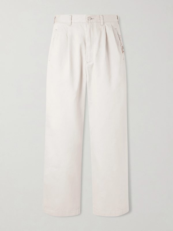 Wide-Leg Logo-Embroidered Pleated Cotton-Twill Chinos