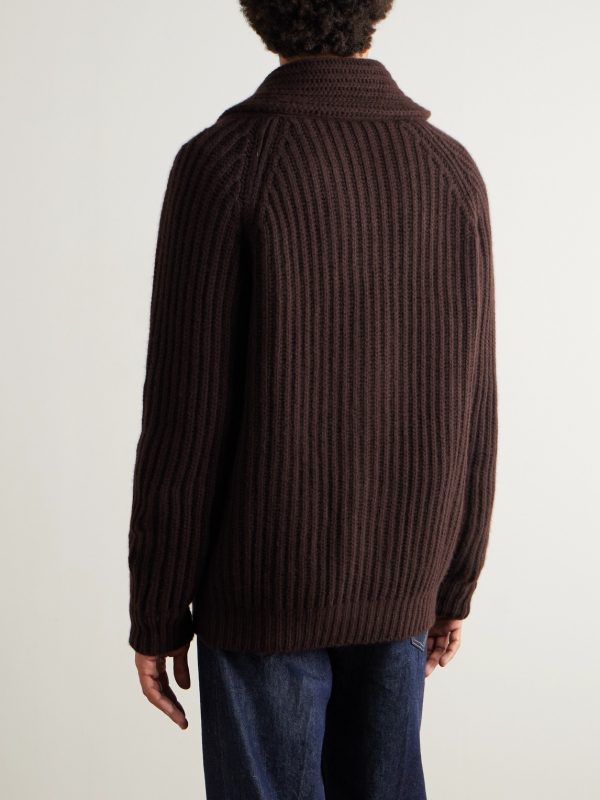 Shawl-Collar Ribbed-Knit Cashmere Cardigan - BK Shawl-Collar Ribbed-Knit Cashmere Cardigan - BK