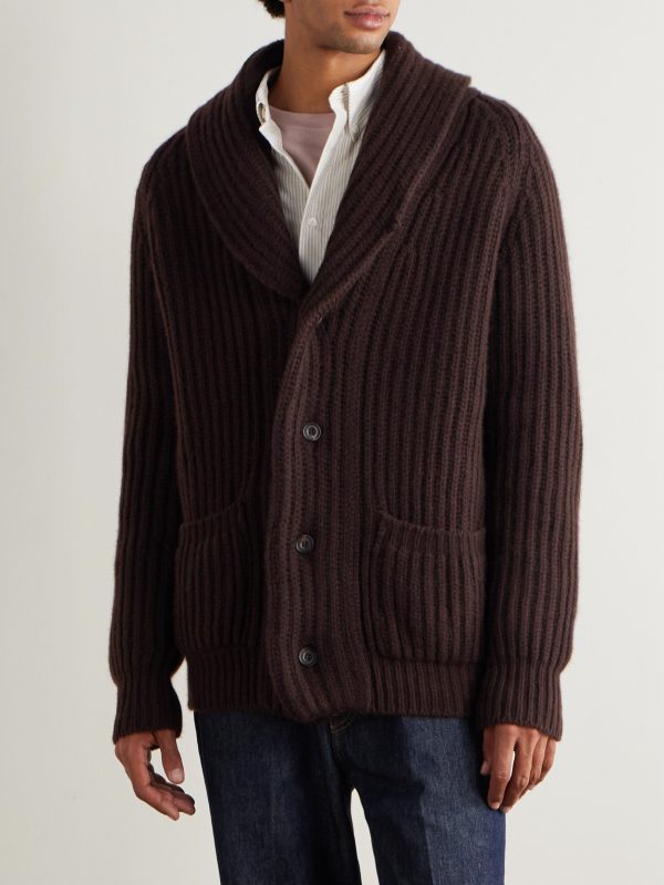 Shawl-Collar Ribbed-Knit Cashmere Cardigan - FR Shawl-Collar Ribbed-Knit Cashmere Cardigan - FR