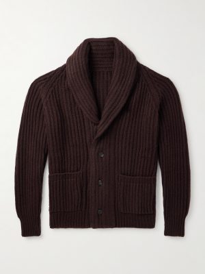 Shawl-Collar Ribbed-Knit Cashmere Cardigan
