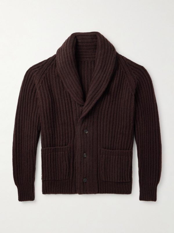 Shawl-Collar Ribbed-Knit Cashmere Cardigan Shawl-Collar Ribbed-Knit Cashmere Cardigan