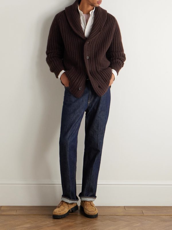 Shawl-Collar Ribbed-Knit Cashmere Cardigan - OU Shawl-Collar Ribbed-Knit Cashmere Cardigan - OU