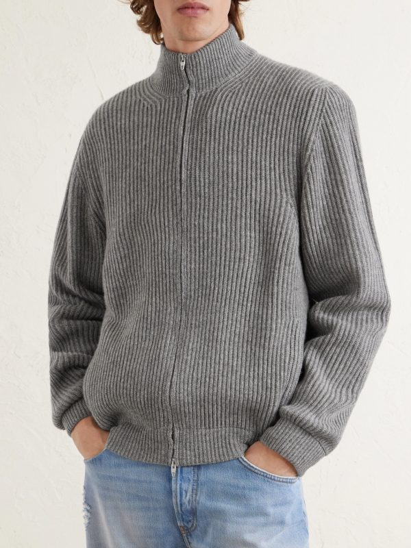 Matt Ribbed Cashmere Zip-Up Cardigan - FR Matt Ribbed Cashmere Zip-Up Cardigan - FR