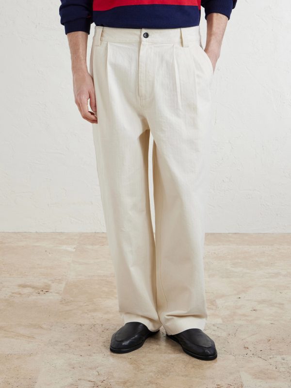 Straight-Leg Pleated Herringbone Cotton Trousers - FR Straight-Leg Pleated Herringbone Cotton Trousers - FR